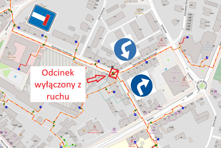 mapa z zaznaczonym miejscem wyłączonym z ruchu